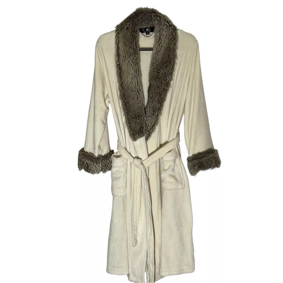 Patricia Altschul Ivory Faux Fur Trim Cozy Soft Belted Robe Med - Large Pockets - Picture 2 of 11